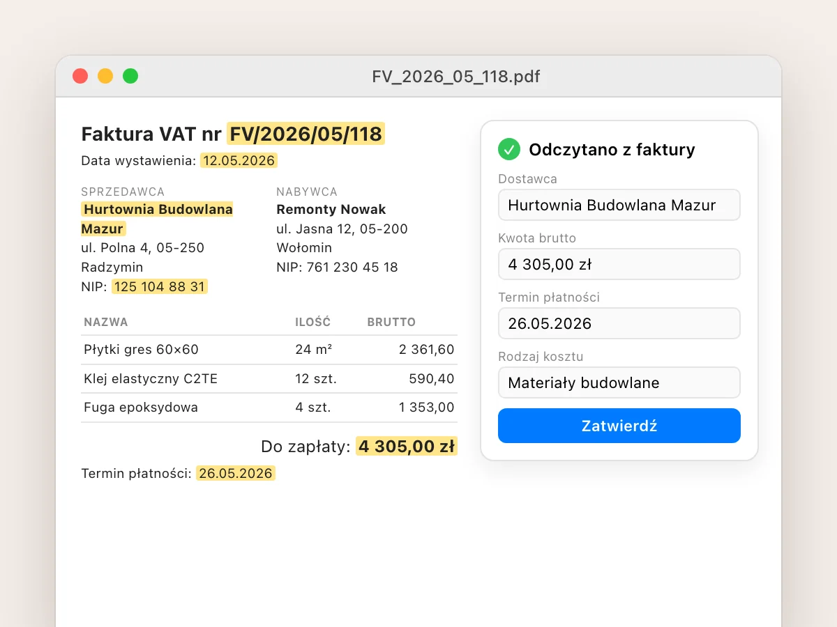 Faktura w PDF z zaznaczonymi danymi i obok te same dane odczytane automatycznie, gotowe do zatwierdzenia