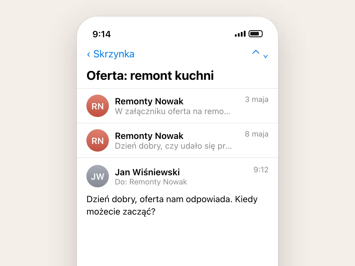 Wątek maila: oferta, przypomnienie po pięciu dniach i odpowiedź klienta, że oferta mu odpowiada