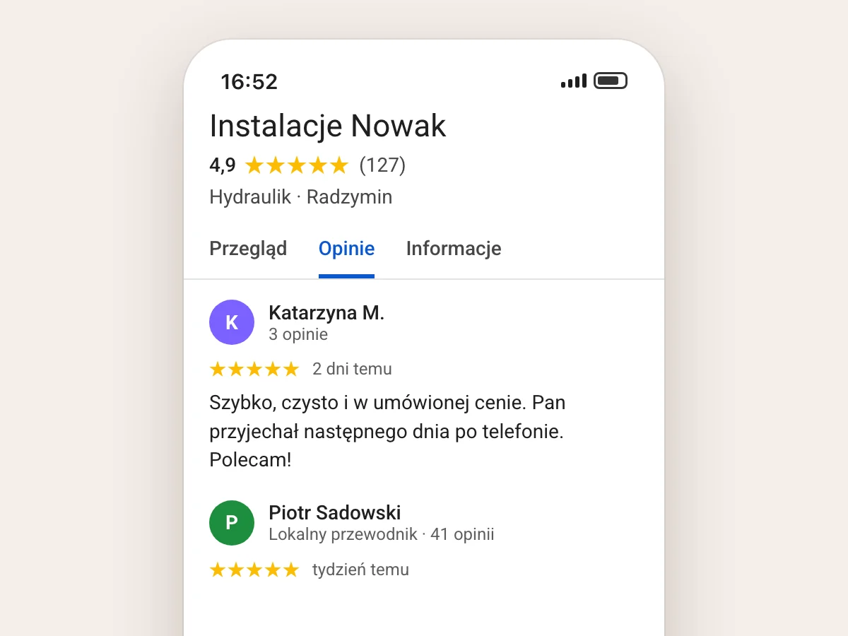 Profil firmy w Mapach Google: ocena 4,9 ze 127 opinii i nowa opinia na pięć gwiazdek