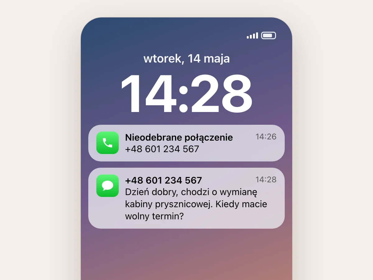 Ekran telefonu: nieodebrane połączenie, a dwie minuty później SMS od tego klienta z pytaniem o termin